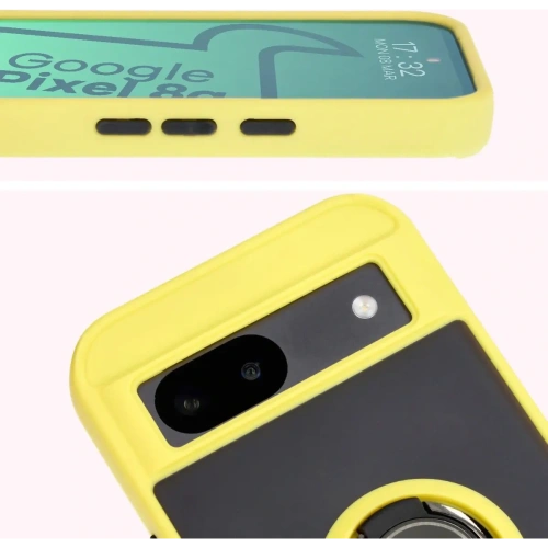Etui z uchwytem na palec Bizon Case Hybrid Ring do Google Pixel 8a przydymione z żółtą ramką