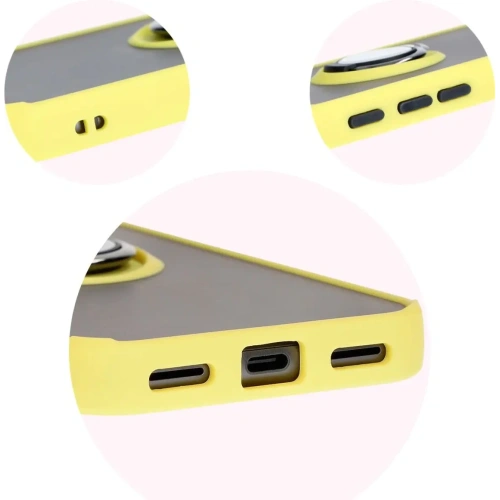 Etui z uchwytem na palec Bizon Case Hybrid Ring do Google Pixel 8a przydymione z żółtą ramką