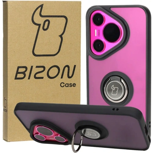 Etui z uchwytem na palec Bizon Case Hybrid Ring do Huawei Pura 70 przydymione z czarną ramką