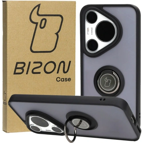 Etui z uchwytem na palec Bizon Case Hybrid Ring do Huawei Pura 70 Pro / Pro+ przydymione z czarną ramką