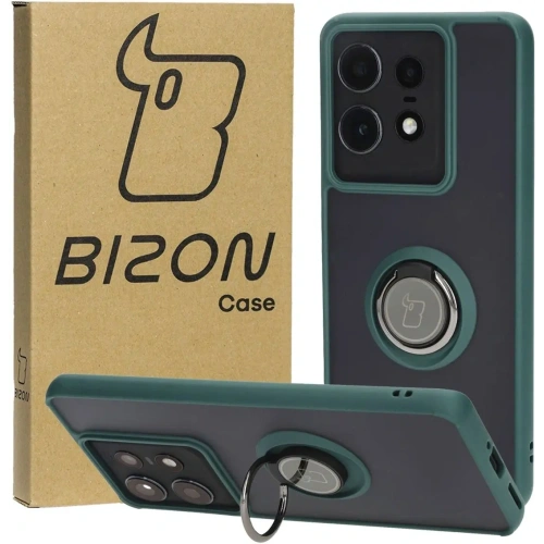 Etui z uchwytem na palec Bizon Case Hybrid Ring do Motorola Edge 50 Pro przydymione z ciemnozieloną ramką