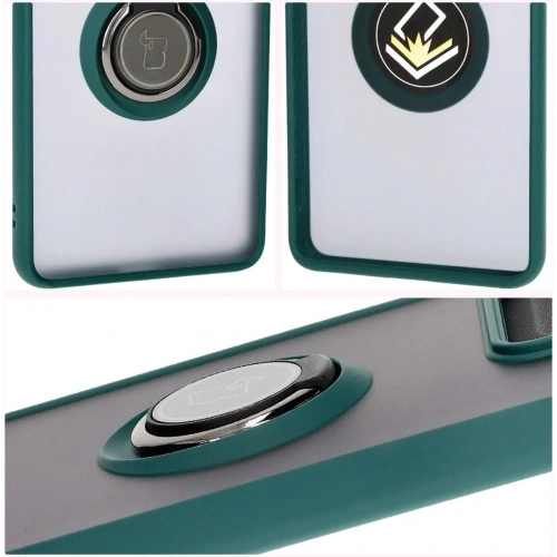 Etui z uchwytem na palec Bizon Case Hybrid Ring do Motorola Edge 50 Pro przydymione z ciemnozieloną ramką