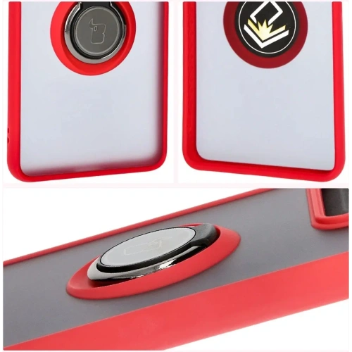 Etui z uchwytem na palec Bizon Case Hybrid Ring do Motorola Edge 50 Pro przydymione z czerwoną ramką