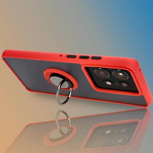 Etui z uchwytem na palec Bizon Case Hybrid Ring do Motorola Edge 50 Pro przydymione z czerwoną ramką