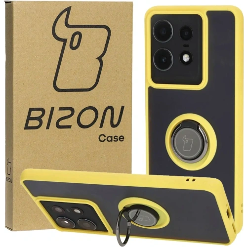 Etui z uchwytem na palec Bizon Case Hybrid Ring do Motorola Edge 50 Pro przydymione z żółtą ramką