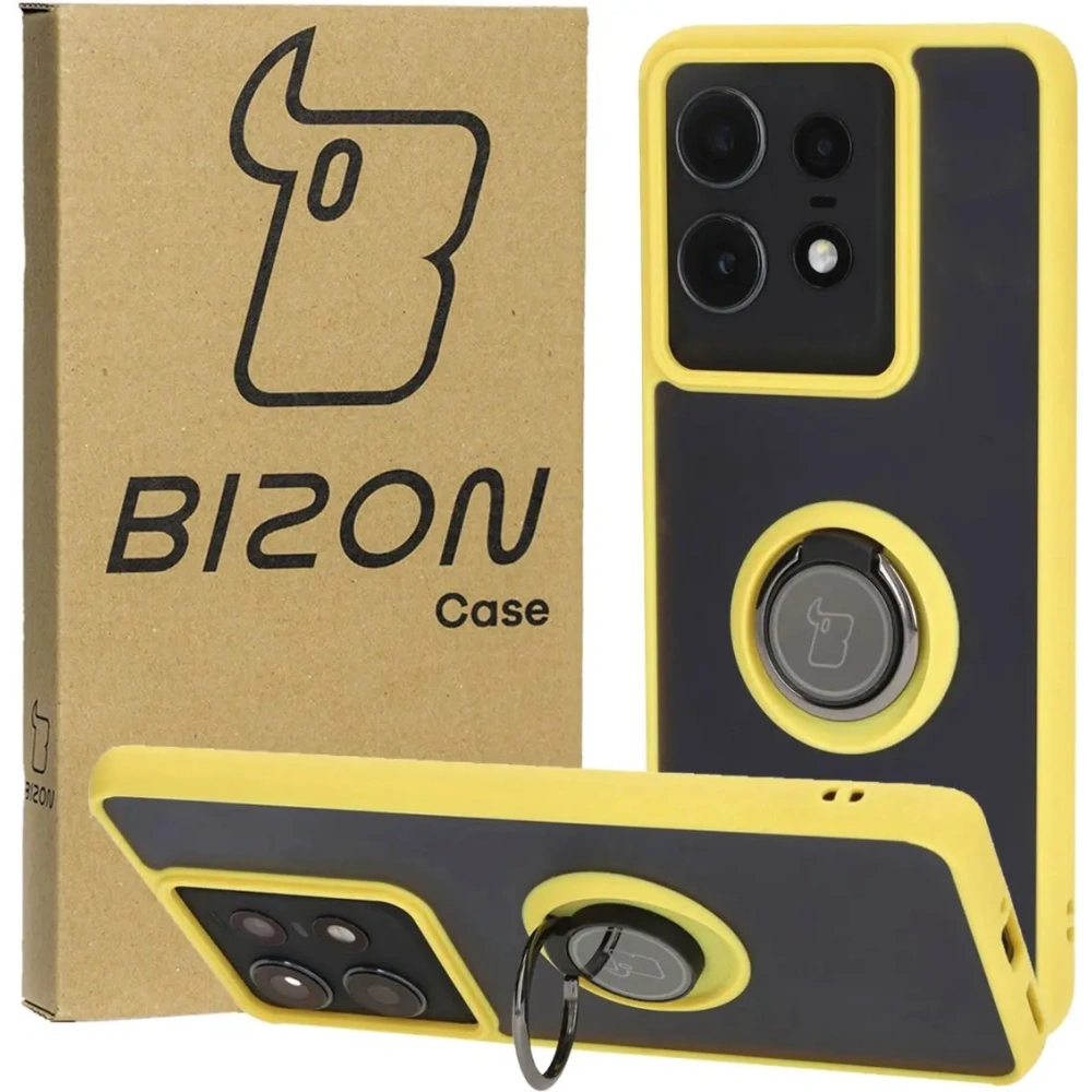 Hurtownia GSM - Etui z uchwytem na palec Bizon Case Hybrid Ring do Motorola Edge 50 Pro przydymione z żółtą ramką - BIZ5839 - {ean13} - Hurt