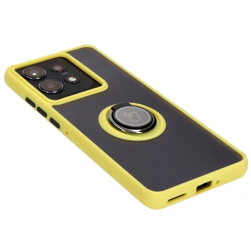 Etui z uchwytem na palec Bizon Case Hybrid Ring do Motorola Edge 50 Pro przydymione z żółtą ramką