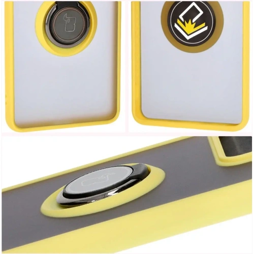 Etui z uchwytem na palec Bizon Case Hybrid Ring do Motorola Edge 50 Pro przydymione z żółtą ramką