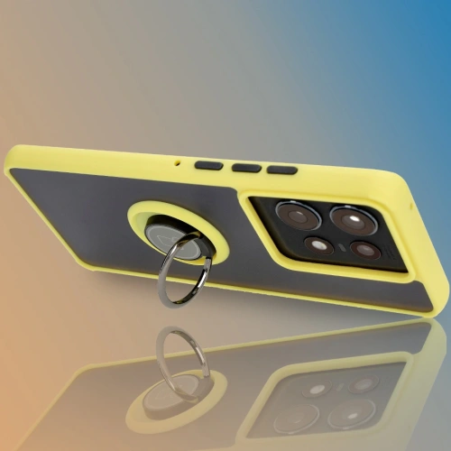 Etui z uchwytem na palec Bizon Case Hybrid Ring do Motorola Edge 50 Pro przydymione z żółtą ramką