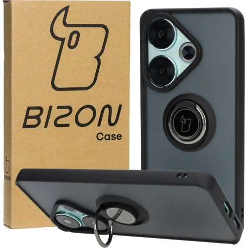 Etui z uchwytem na palec Bizon Case Hybrid Ring do Xiaomi Poco F6 przydymione z czarną ramką