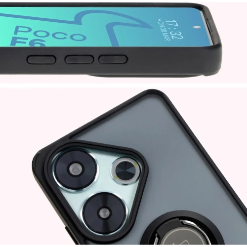 Etui z uchwytem na palec Bizon Case Hybrid Ring do Xiaomi Poco F6 przydymione z czarną ramką