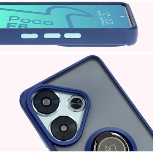 Etui z uchwytem na palec Bizon Case Hybrid Ring do Xiaomi Poco F6 przydymione z granatową ramką