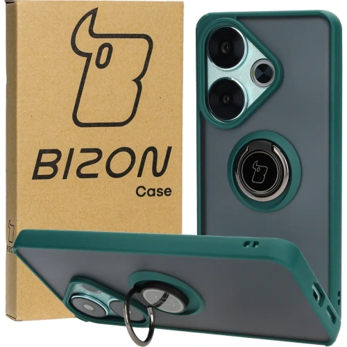 Etui z uchwytem na palec Bizon Case Hybrid Ring do Xiaomi Poco F6 przydymione z ciemnozieloną ramką