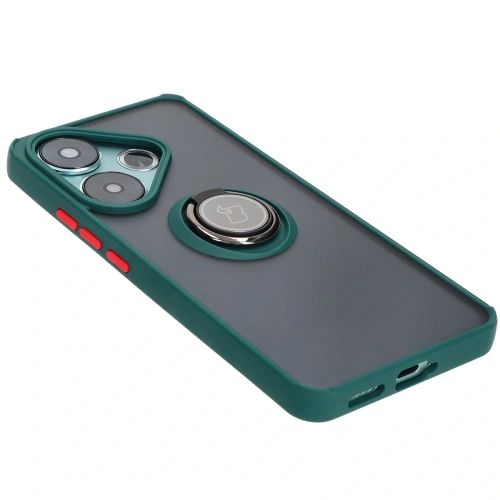 Etui z uchwytem na palec Bizon Case Hybrid Ring do Xiaomi Poco F6 przydymione z ciemnozieloną ramką