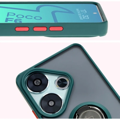 Etui z uchwytem na palec Bizon Case Hybrid Ring do Xiaomi Poco F6 przydymione z ciemnozieloną ramką