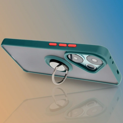 Etui z uchwytem na palec Bizon Case Hybrid Ring do Xiaomi Poco F6 przydymione z ciemnozieloną ramką