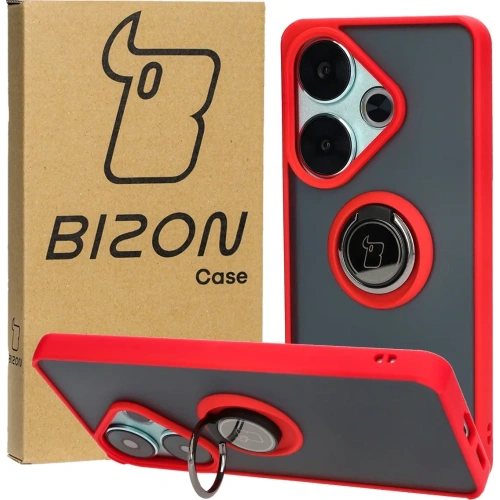Etui z uchwytem na palec Bizon Case Hybrid Ring do Xiaomi Poco F6 przydymione z czerwoną ramką