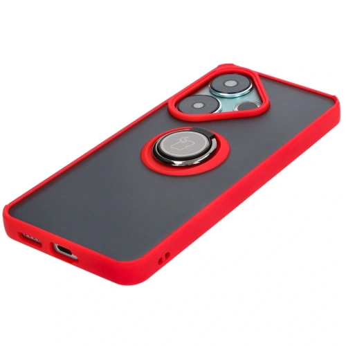 Etui z uchwytem na palec Bizon Case Hybrid Ring do Xiaomi Poco F6 przydymione z czerwoną ramką