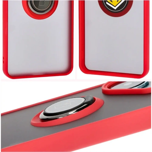 Etui z uchwytem na palec Bizon Case Hybrid Ring do Xiaomi Poco F6 przydymione z czerwoną ramką