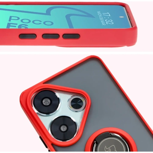 Etui z uchwytem na palec Bizon Case Hybrid Ring do Xiaomi Poco F6 przydymione z czerwoną ramką