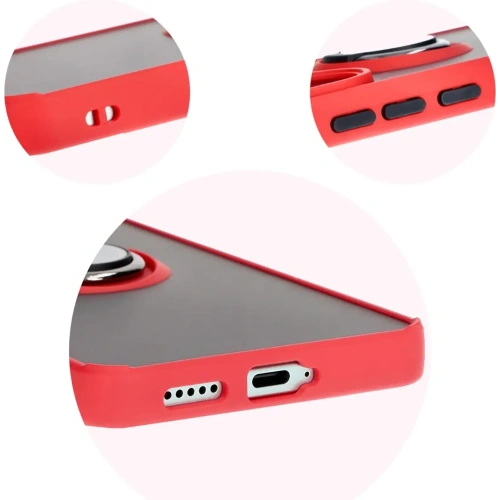 Etui z uchwytem na palec Bizon Case Hybrid Ring do Xiaomi Poco F6 przydymione z czerwoną ramką