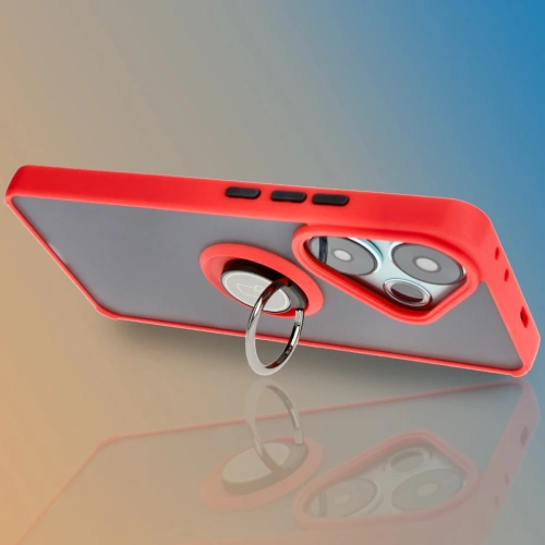 Etui z uchwytem na palec Bizon Case Hybrid Ring do Xiaomi Poco F6 przydymione z czerwoną ramką