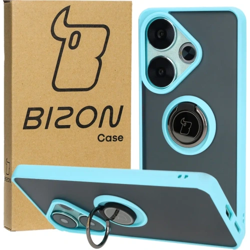 Etui z uchwytem na palec Bizon Case Hybrid Ring do Xiaomi Poco F6 przydymione z jasnoniebieską ramką