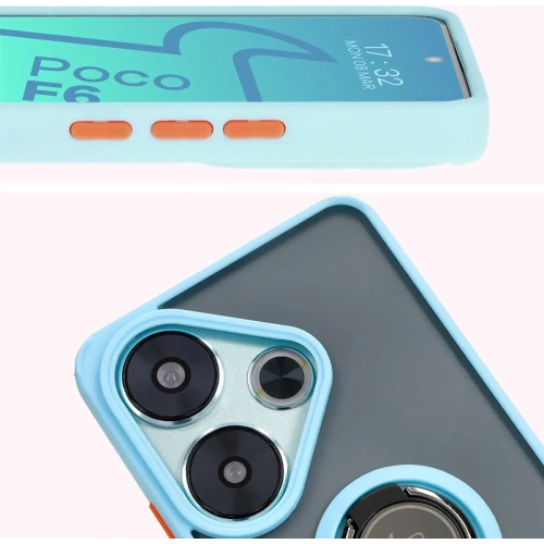 Etui z uchwytem na palec Bizon Case Hybrid Ring do Xiaomi Poco F6 przydymione z jasnoniebieską ramką