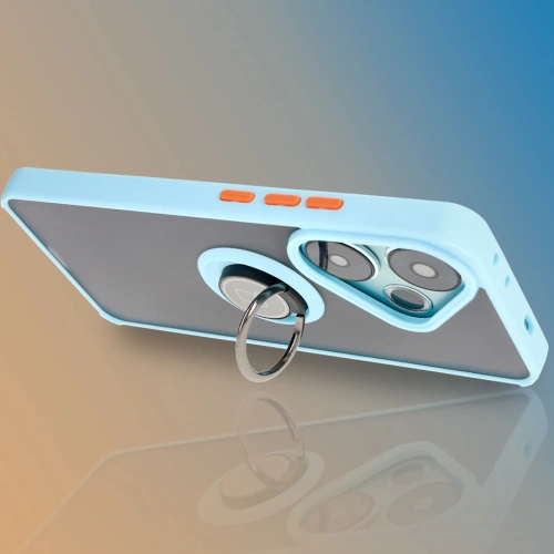 Etui z uchwytem na palec Bizon Case Hybrid Ring do Xiaomi Poco F6 przydymione z jasnoniebieską ramką