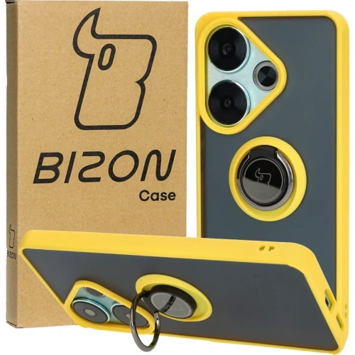 Etui z uchwytem na palec Bizon Case Hybrid Ring do Xiaomi Poco F6 przydymione z żółtą ramką
