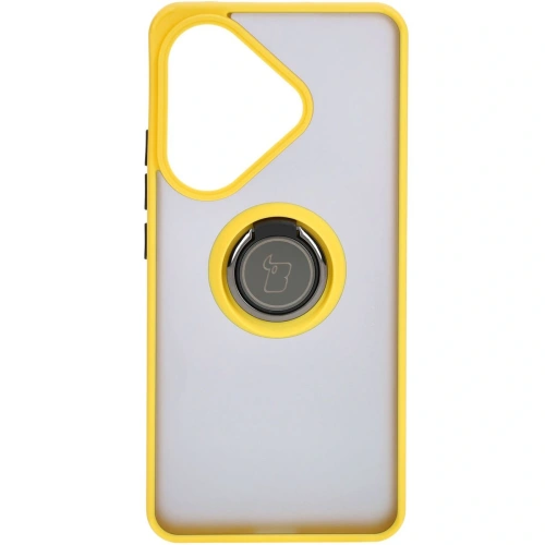 Etui z uchwytem na palec Bizon Case Hybrid Ring do Xiaomi Poco F6 przydymione z żółtą ramką
