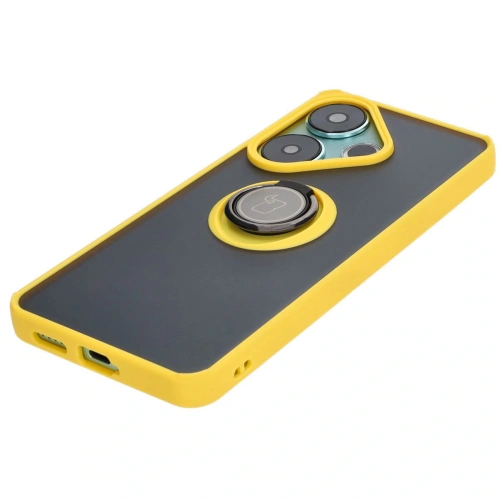 Etui z uchwytem na palec Bizon Case Hybrid Ring do Xiaomi Poco F6 przydymione z żółtą ramką