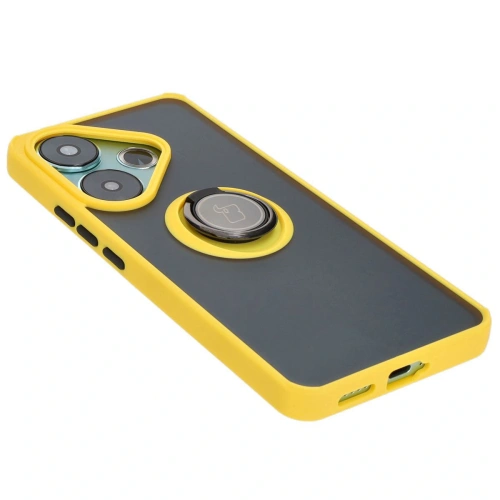 Etui z uchwytem na palec Bizon Case Hybrid Ring do Xiaomi Poco F6 przydymione z żółtą ramką