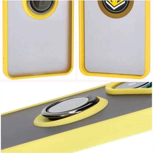 Etui z uchwytem na palec Bizon Case Hybrid Ring do Xiaomi Poco F6 przydymione z żółtą ramką