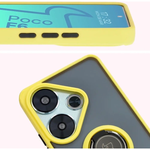 Etui z uchwytem na palec Bizon Case Hybrid Ring do Xiaomi Poco F6 przydymione z żółtą ramką