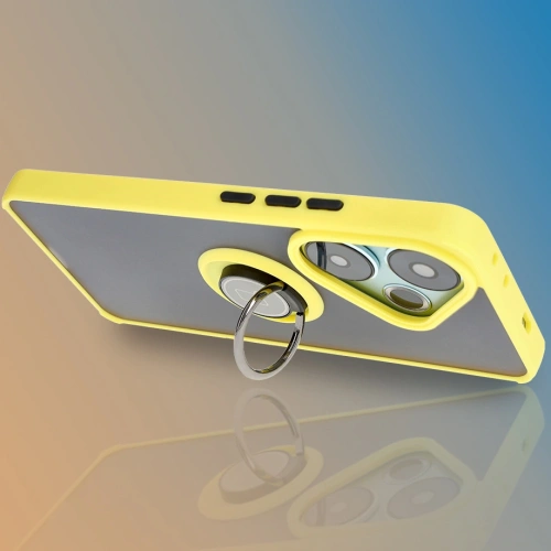 Etui z uchwytem na palec Bizon Case Hybrid Ring do Xiaomi Poco F6 przydymione z żółtą ramką