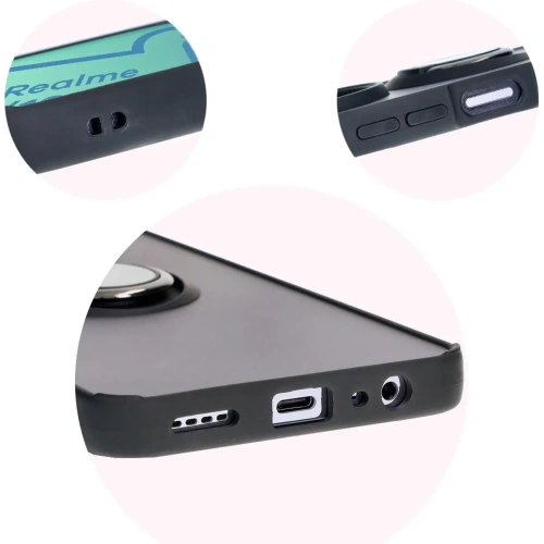 Etui z uchwytem na palec Bizon Case Hybrid Ring do Realme 12 / 12x przydymione z czarną ramką