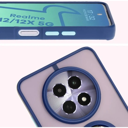 Etui z uchwytem na palec Bizon Case Hybrid Ring do Realme 12 / 12x przydymione z granatową ramką