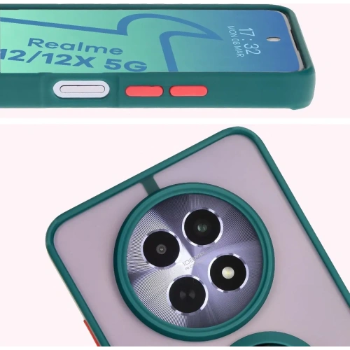 Etui z uchwytem na palec Bizon Case Hybrid Ring do Realme 12 / 12x przydymione z ciemnozieloną ramką