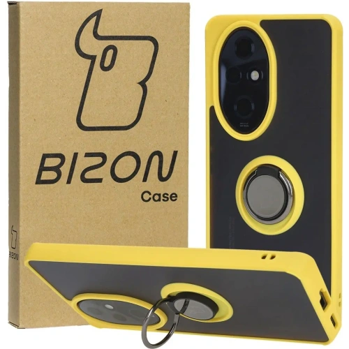 Etui z uchwytem na palec Bizon Case Hybrid Ring do Honor 200 Pro przydymione z żółtą ramką