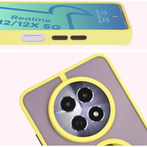 Etui z uchwytem na palec Bizon Case Hybrid Ring do Realme 12 / 12x przydymione z żółtą ramką