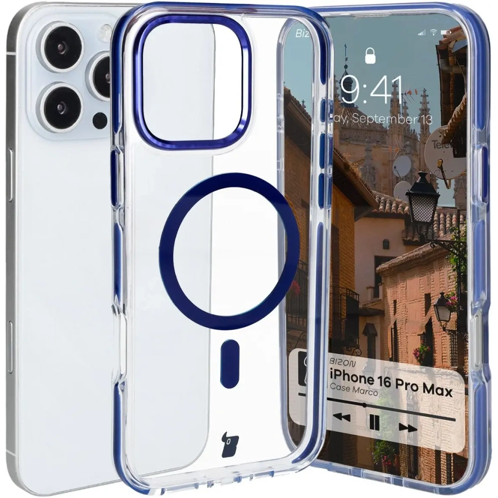 Hurtownia GSM - Etui z pierścieniem magnetickým Bizon Case Marco do Apple iPhone 16 Pro Max průhledné s modrým rámečkem - BIZ6305 - {ean13} - Hurt