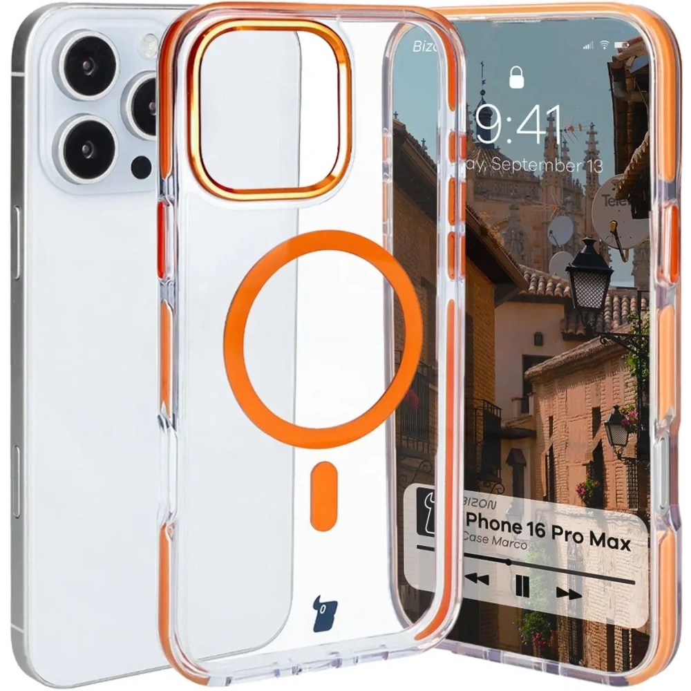 Hurtownia GSM - Etui s magnetickým kroužkem Bizon Case Marco pro Apple iPhone 16 Pro Max průhledné s oranžovým rámem - BIZ6306 - {ean13} - Hurt