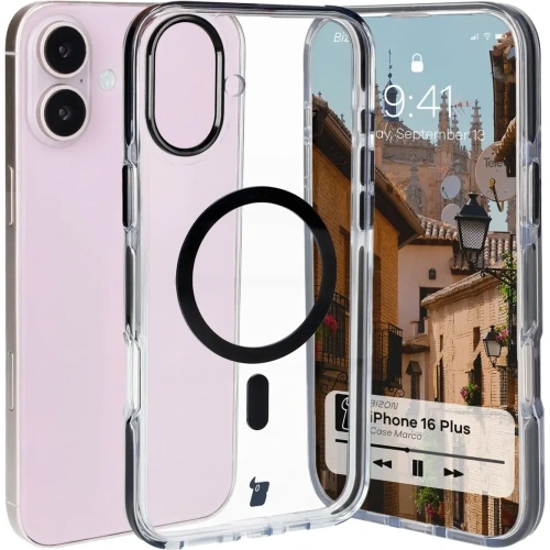 Etui z pierścieniem magnetycznym Bizon Case Marco do Apple iPhone 16 Plus przezroczyste z czarną ramką