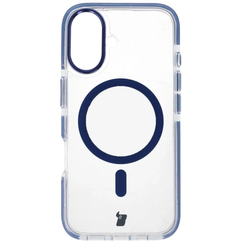Etui z pierścieniem magnetycznym Bizon Case Marco do Apple iPhone 16 przezroczyste z niebieską ramką