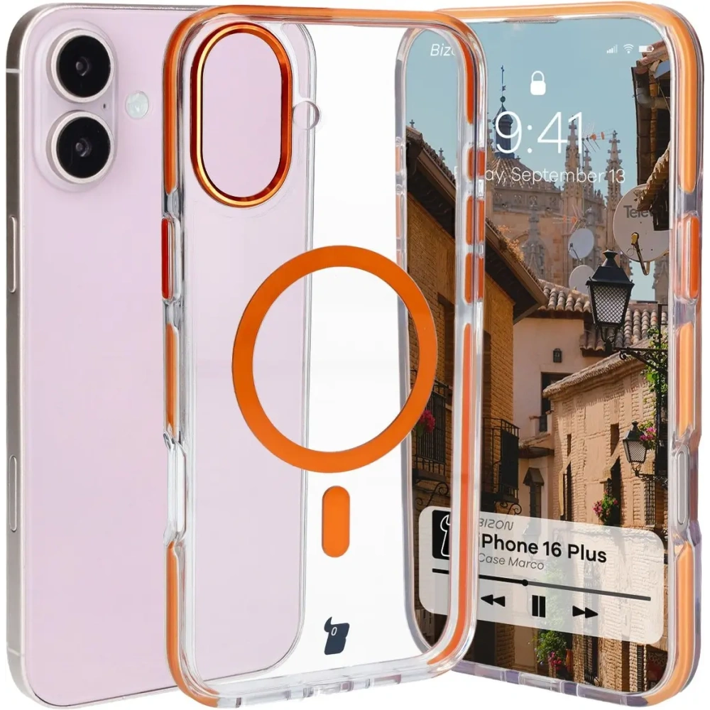 Hurtownia GSM - Etui s magnetickým kroužkem Bizon Case Marco pro Apple iPhone 16 Plus průhledné s oranžovým rámem - BIZ6325 - {ean13} - Hurt