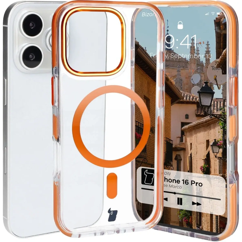 Hurtownia GSM - Bizon Case Marco Apple iPhone 16 Pro klar mit orangefarbenem Rahmen - BIZ6326 - {ean13} - Hurt