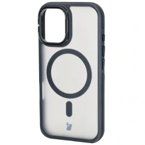 Etui z podstawką i pierścieniem magnetycznym Bizon Case Eclipse do Apple iPhone 16 przydymione z czarną ramką