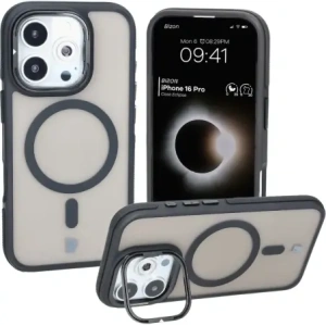 Hurtownia GSM - Etui s podstavcem a magnetickým kroužkem Bizon Case Eclipse pro Apple iPhone 16 Pro kouřové s černým rámem - BIZ6483 - {ean13} - Hurt