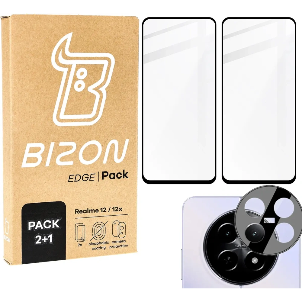 Hurtownia GSM - 2x tvrzené sklo na displej s rámečkem + sklo na fotoaparát Bizon Edge pro Realme 12/12x - BIZ6525 - {ean13} - Hurt